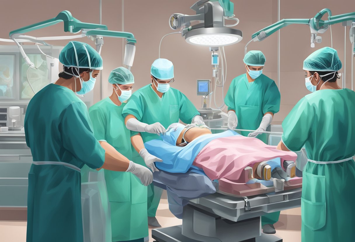 Surgeons perform open heart transplant in sterile operating room