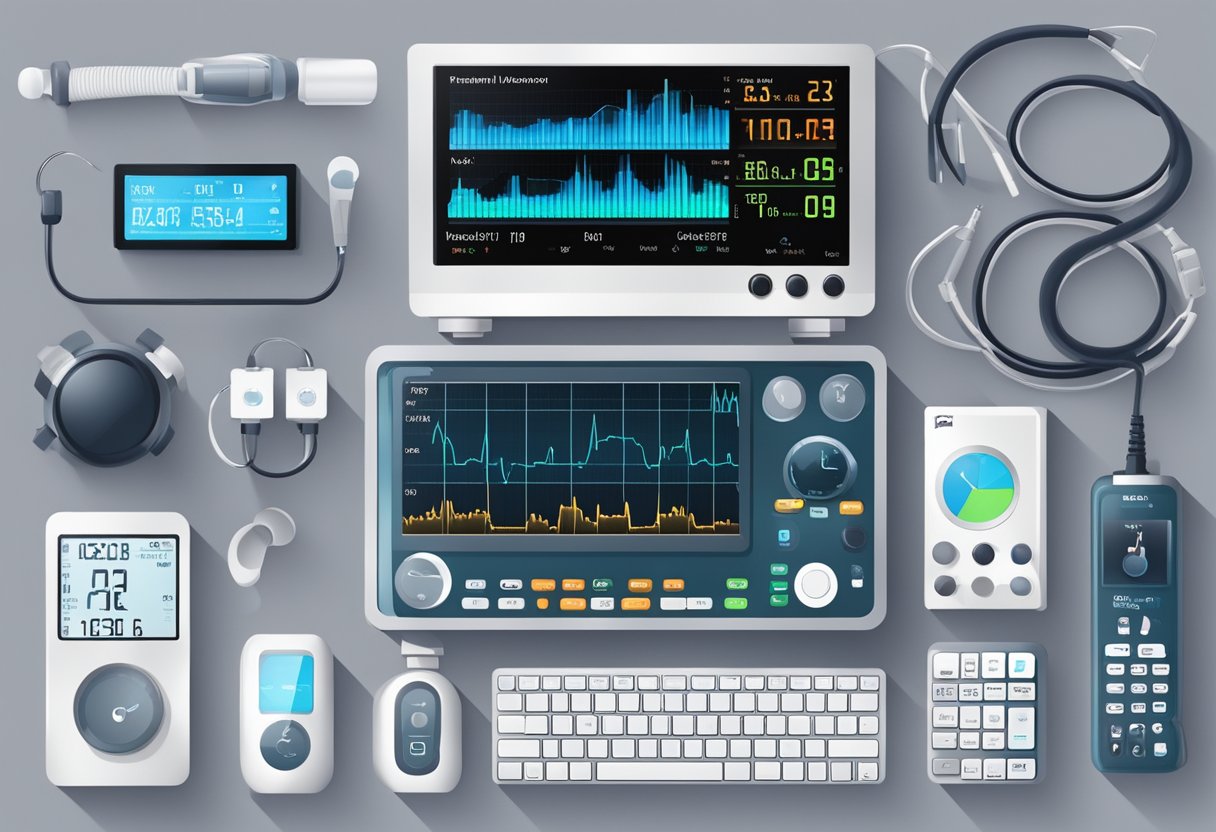 A heart rate monitor displaying a high reading, surrounded by medical equipment and treatment options