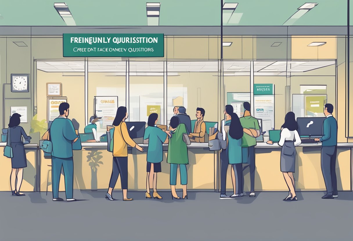 A busy office with a sign reading "Frequently Asked Questions rtg credit licensed money lender" displayed prominently. Customers wait in line while staff assist others