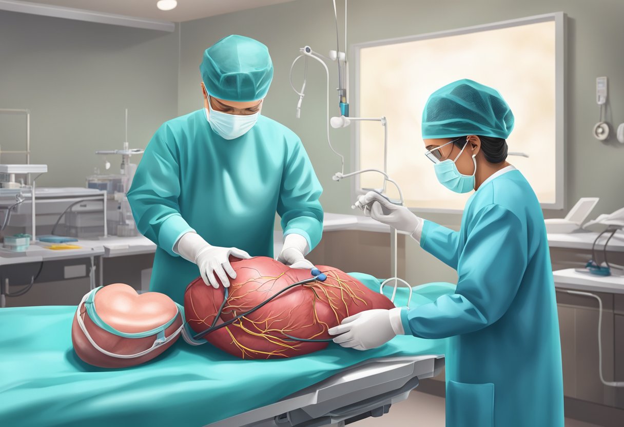 A surgeon carefully places a healthy heart into a patient's open chest cavity during a heart transplant surgery