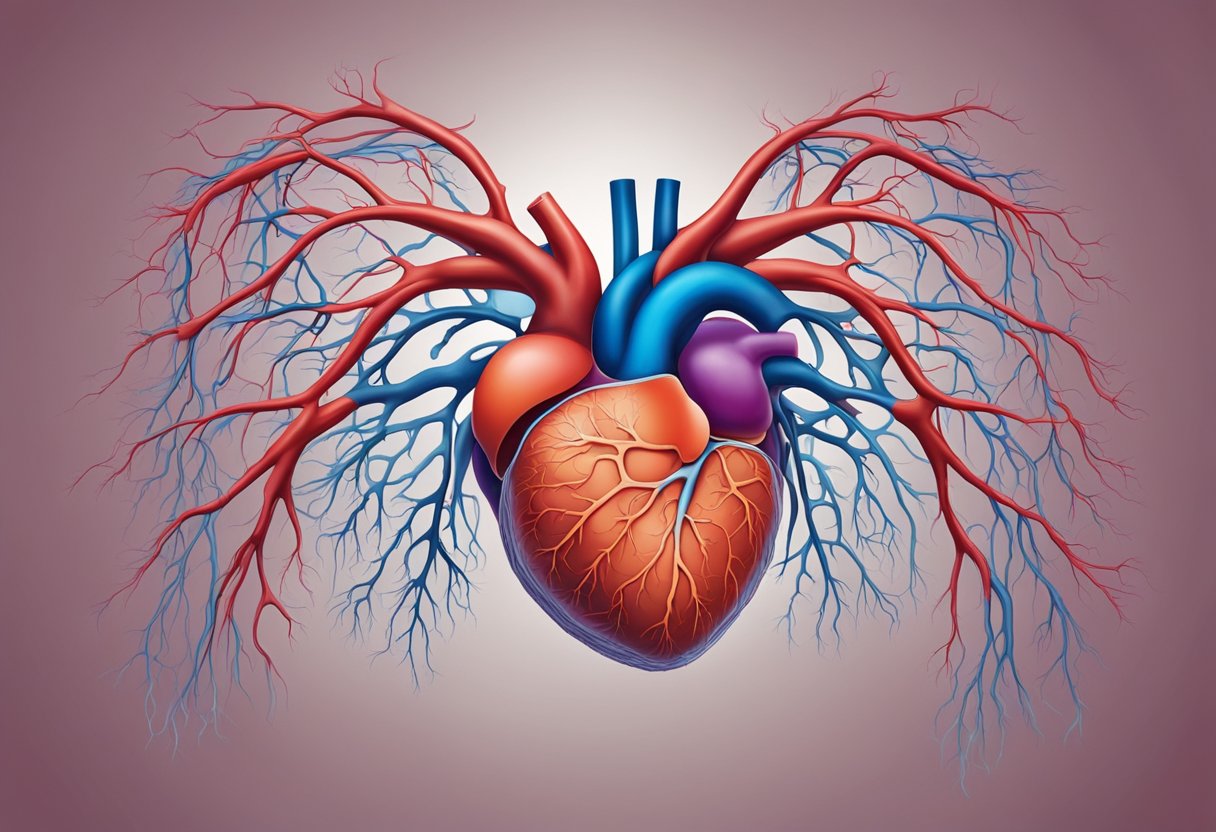 A heart with enlarged and thickened walls, surrounded by congested blood vessels and fluid-filled lungs