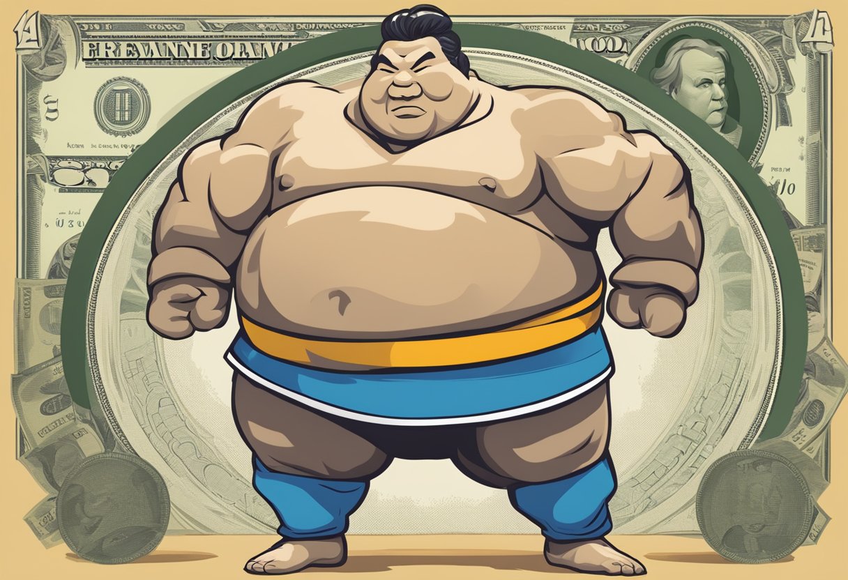 A large sumo wrestler logo with "Frequently Asked Questions" and "money lender" text displayed prominently