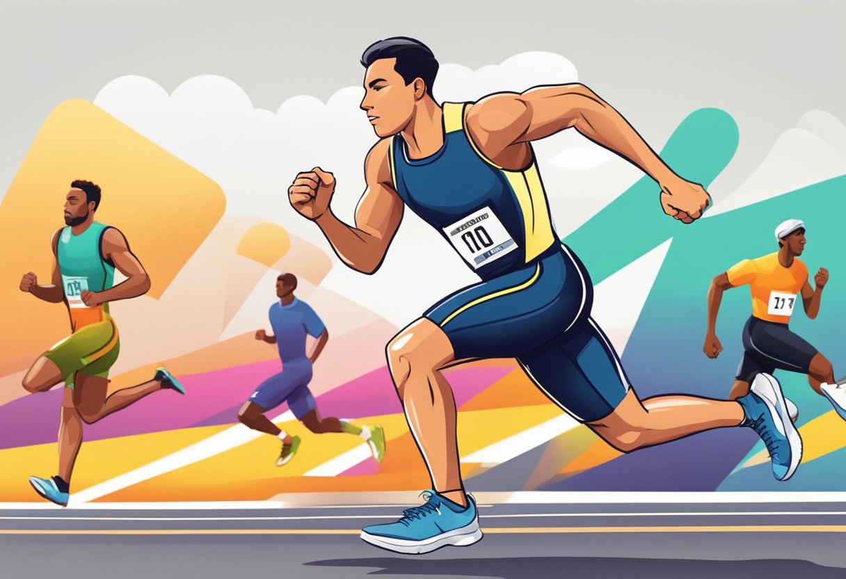 A heart rate monitor beeping rapidly as a sportsman sprints across a finish line