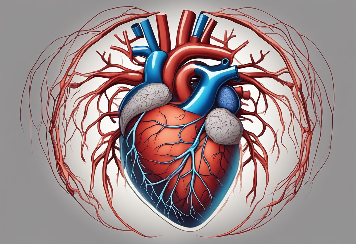 A heart surrounded by constricted blood vessels, struggling to pump blood to the lungs, causing strain and pressure