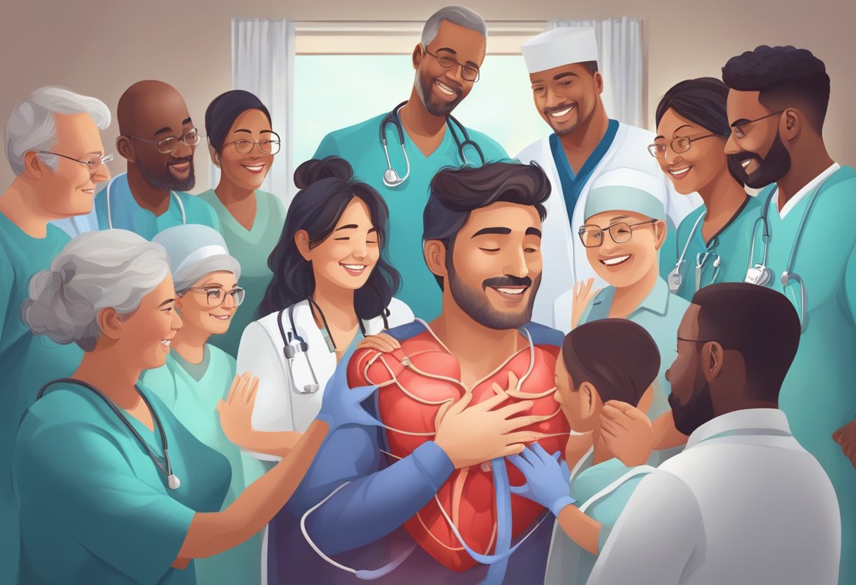 A healthy heart beats inside a patient's chest, symbolizing new life after a successful heart transplantation. The patient is surrounded by supportive medical staff and loved ones, celebrating the miracle of modern medicine