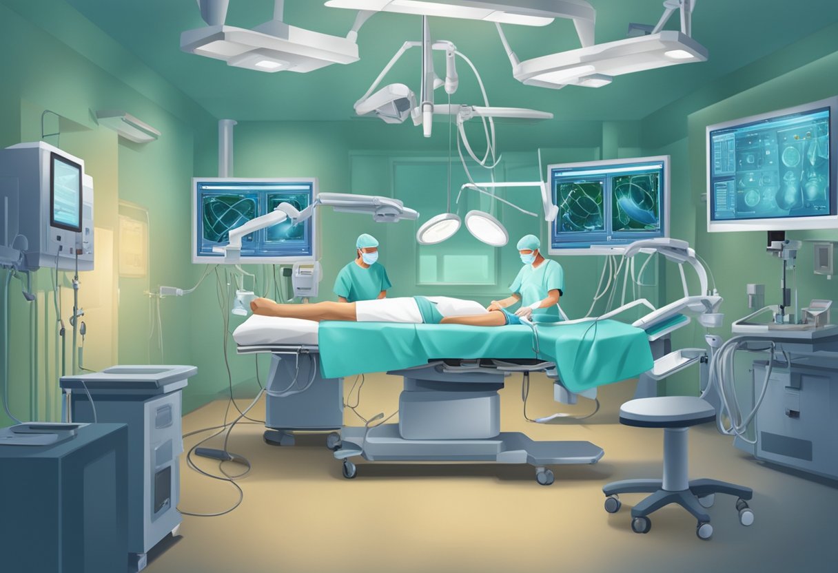 A surgeon performs minor heart surgery in a sterile operating room with medical equipment and monitors