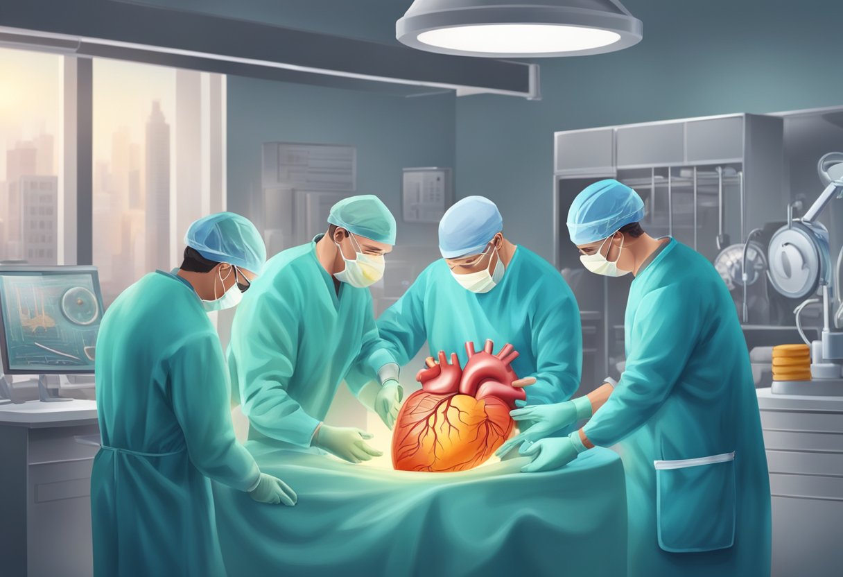 A surgeon carefully removes the old heart and replaces it with a new one, surrounded by medical equipment and a team of focused professionals