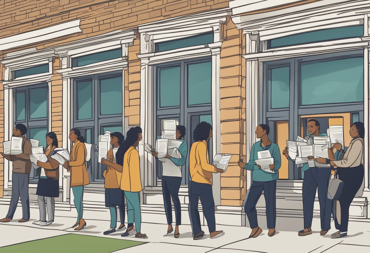 Potential borrowers lining up at loan office windows, holding documents and cash, with signs indicating "Frequently Asked Questions" prominently displayed