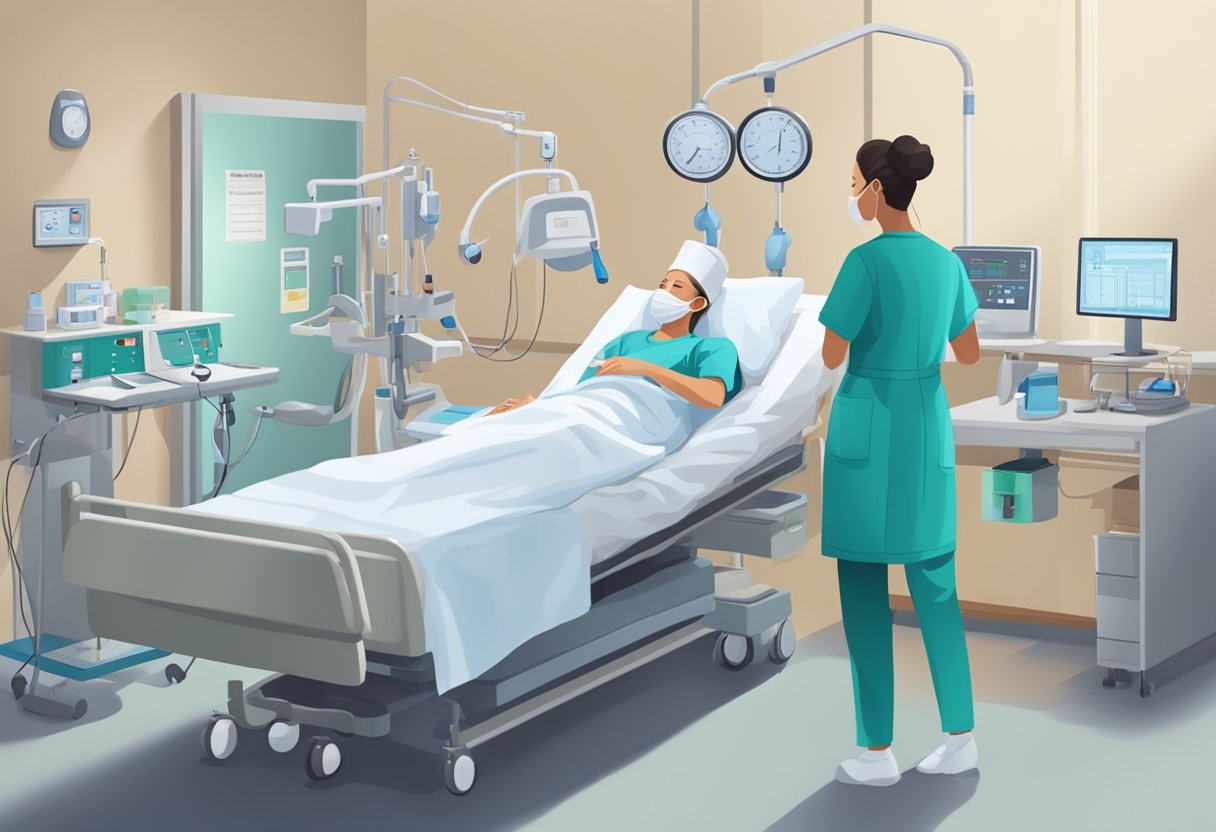 A hospital room with a patient resting in bed, surrounded by medical equipment and a nurse checking vital signs