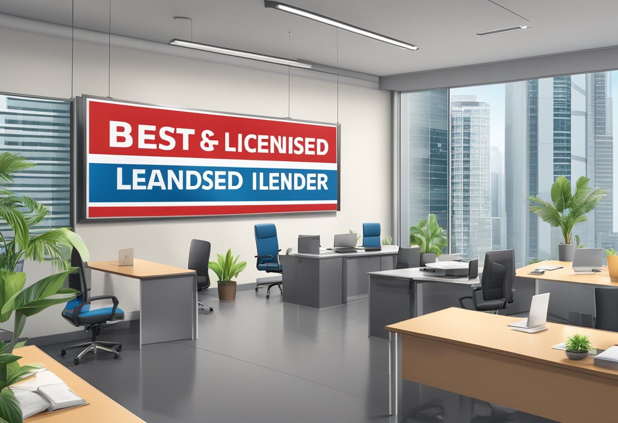 A signboard with the words "Best Licensed Money Lender in Singapore" displayed prominently, surrounded by a clean and professional office setting