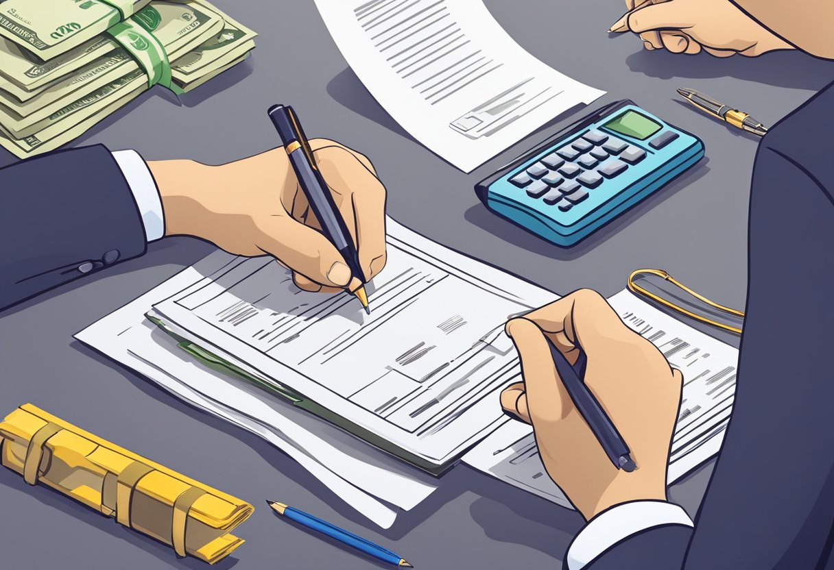 A person signing a loan agreement with a money lender or bank