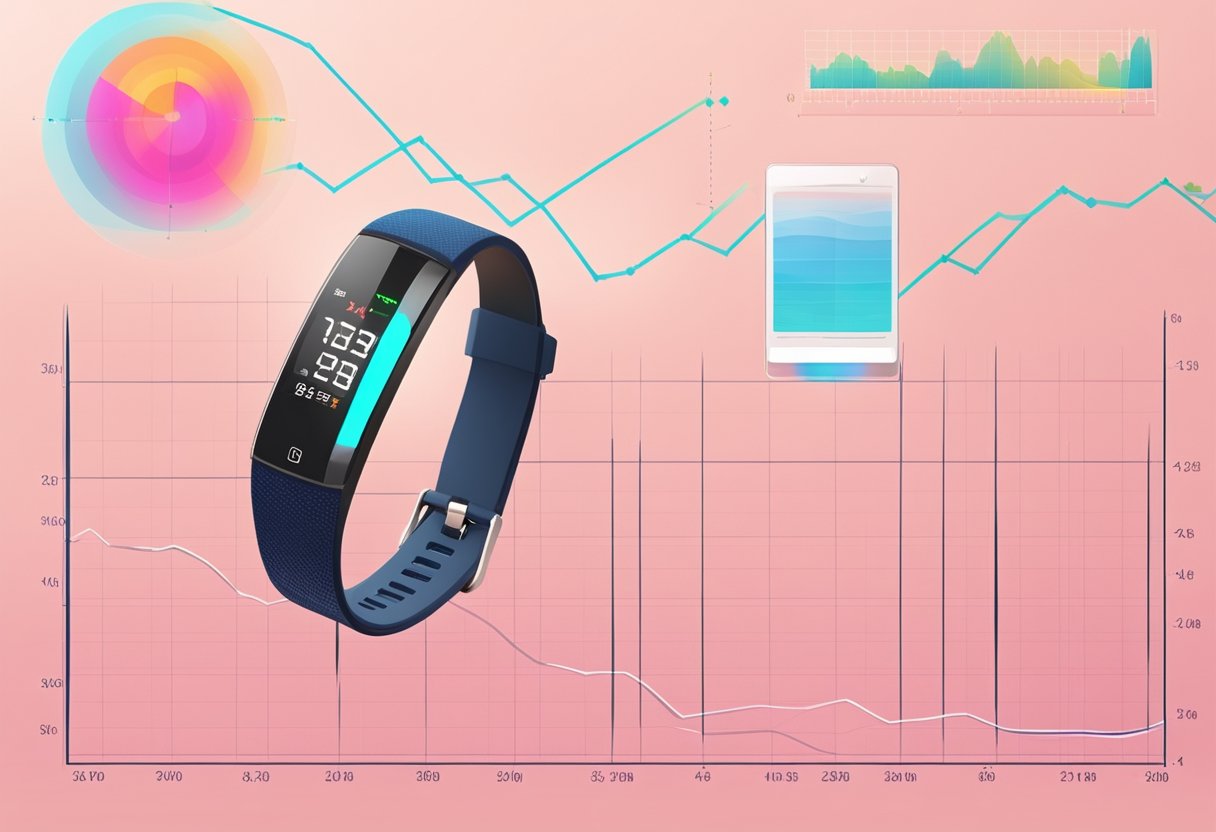 A digital heart rate monitor displays a steady pulse. A hand adjusts the settings, while a graph shows the heart rate fluctuating during exercise