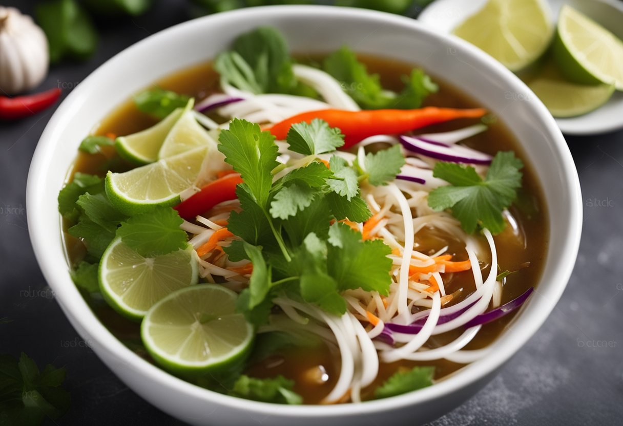 A bowl of Thai salad dressing being made without fish sauce, with ingredients like lime, sugar, chili, and garlic being mixed together