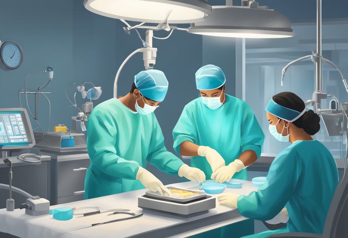 A surgeon performing minor heart surgery in a well-lit operating room. Instruments neatly arranged on a tray beside the patient