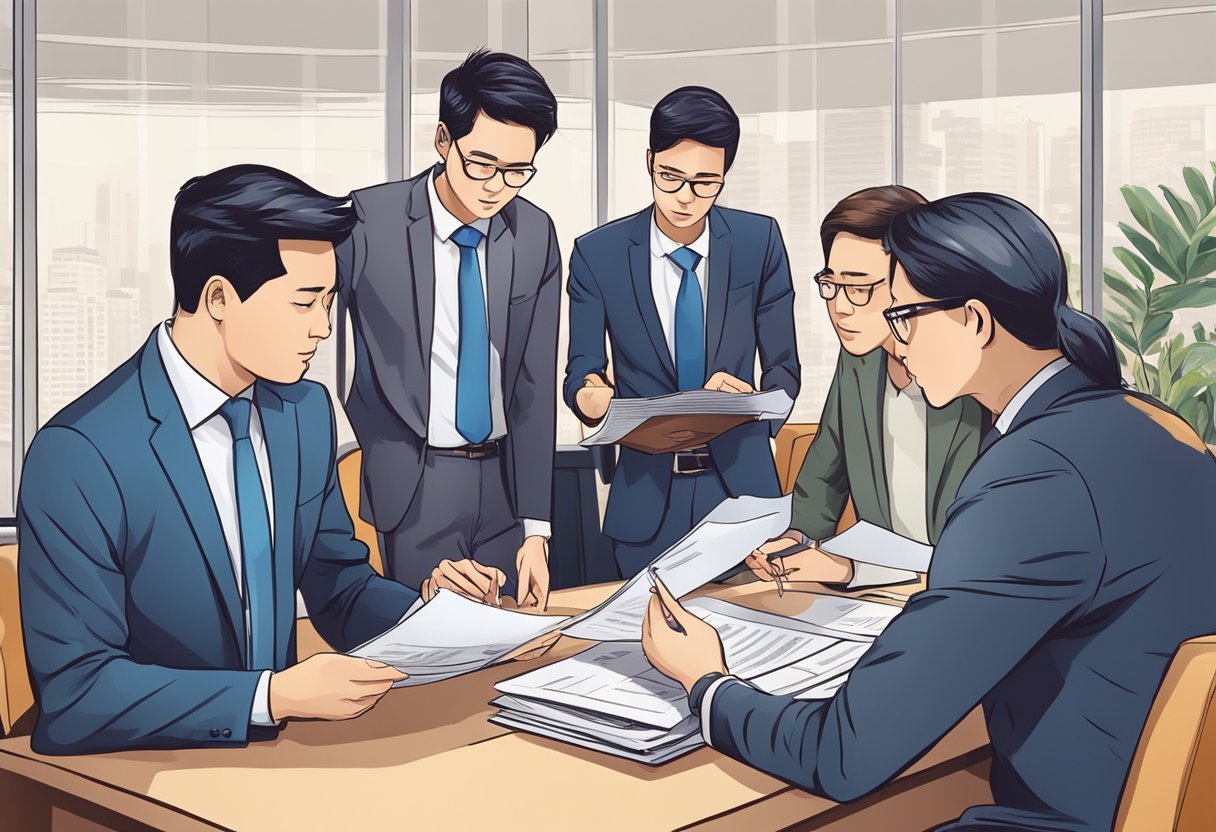 A group of people discussing and reviewing legal documents related to money lending cases in Singapore