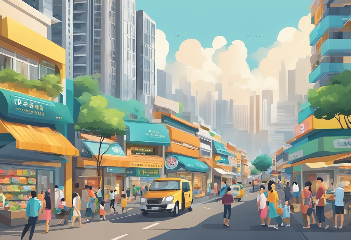 A bustling street in Kallang, with vibrant local shops and the prominent signage of a licensed money lender, set against a backdrop of bustling activity