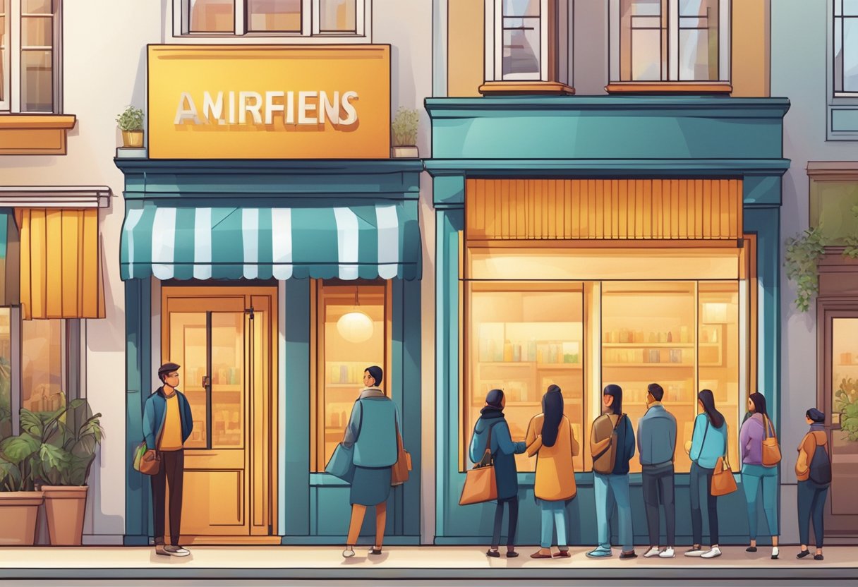 A bright, modern storefront with a prominent license displayed. A line of diverse customers waits patiently. The atmosphere is professional and welcoming