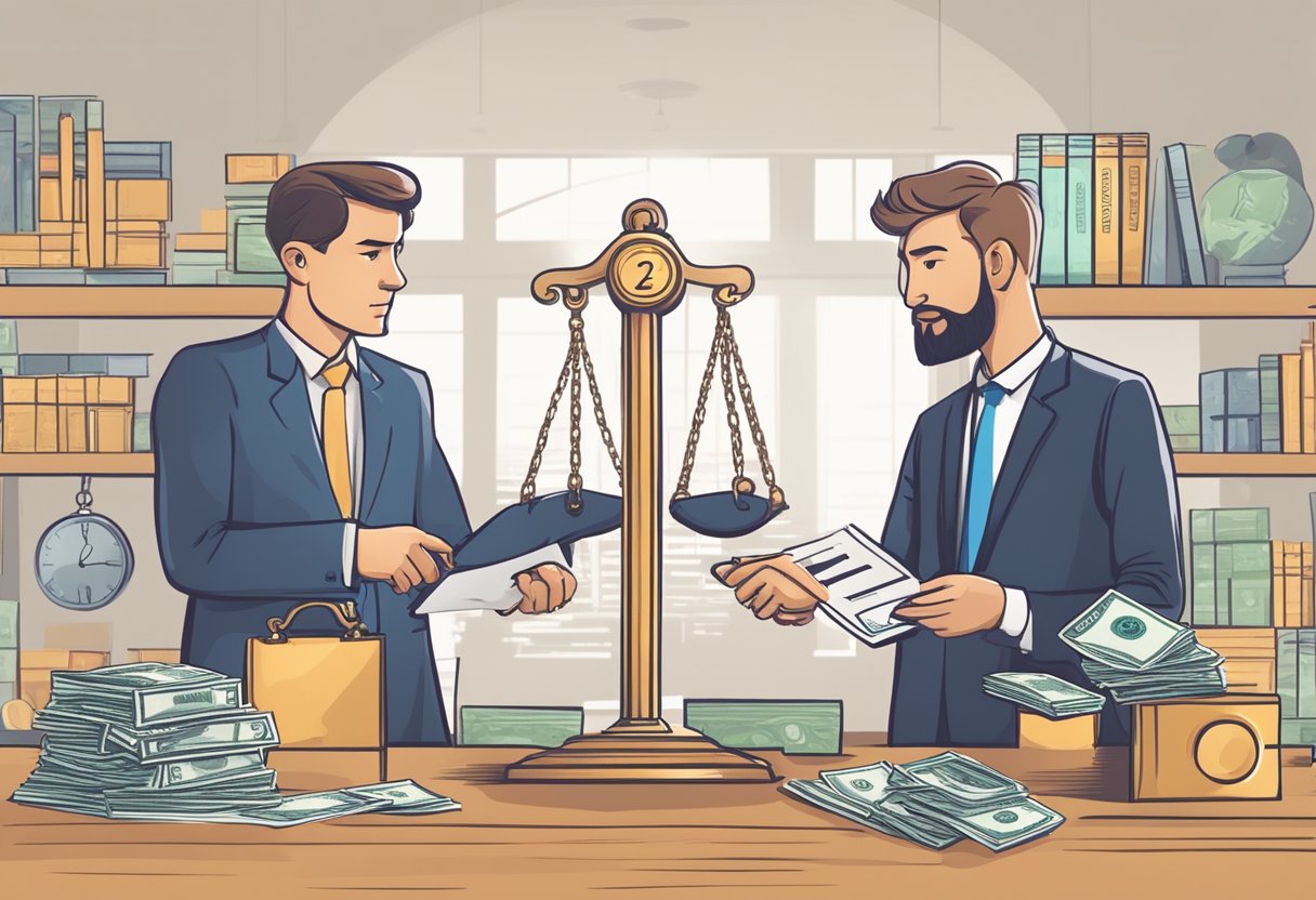 A person weighing the pros and cons of borrowing from a money lender or a bank. They are considering their options and making a decision