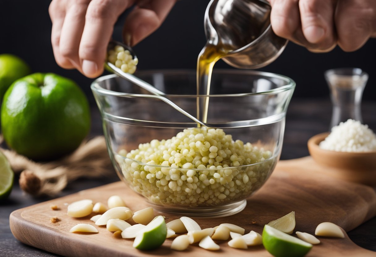 A mortar and pestle crushing garlic, chilies, and palm sugar. A hand pours lime juice and soy sauce into the mixture