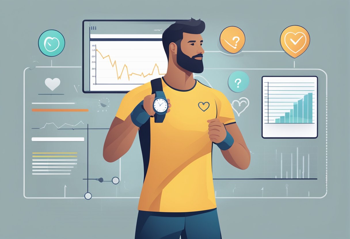 A digital display shows a sportsman's heart rate fluctuating as he exercises, with a list of frequently asked questions about heart rate nearby