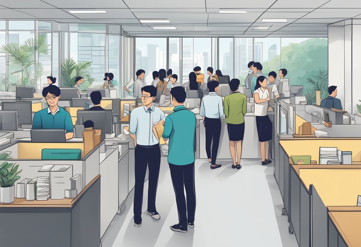 A busy office with a sign reading "Frequently Asked Questions licensed money lender in Kallang." Customers wait in line while staff assist others