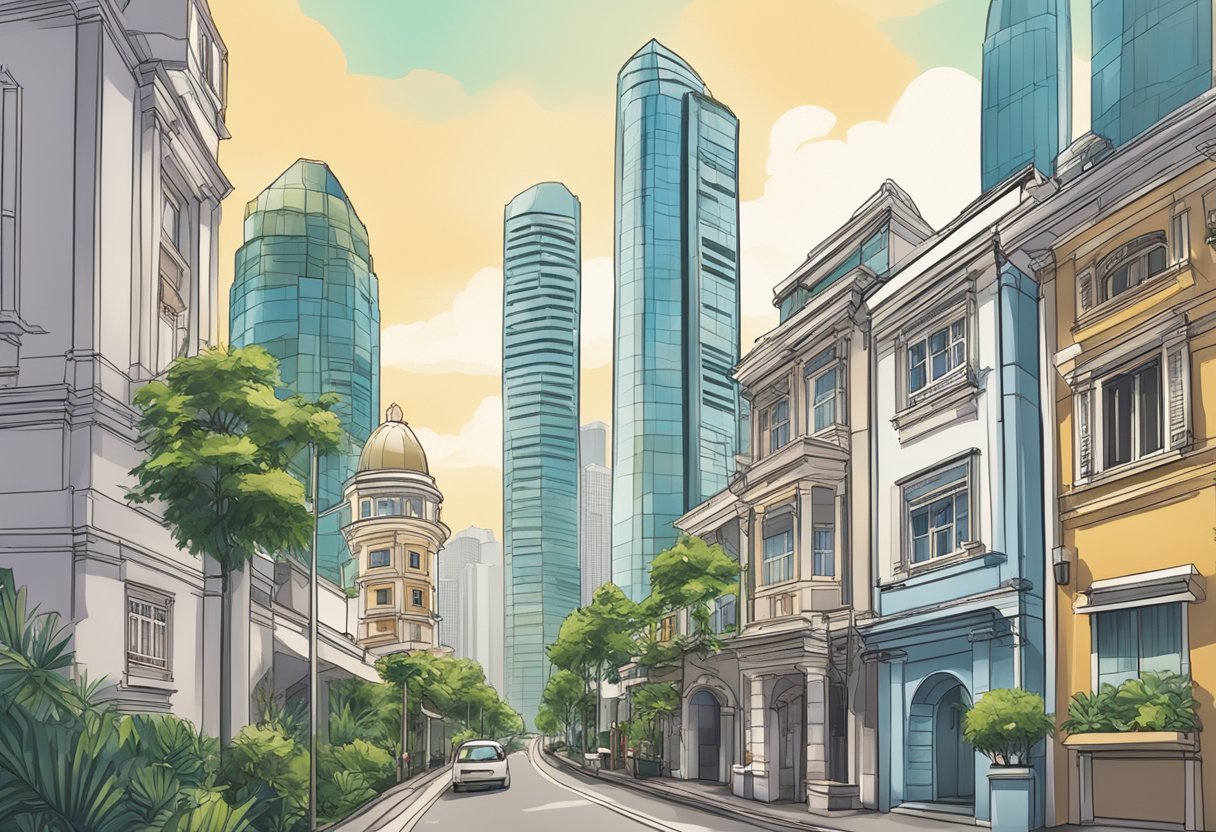 A row of prominent buildings in Singapore with signs displaying "Top Licensed Moneylenders" and "Best Licensed Money Lender."