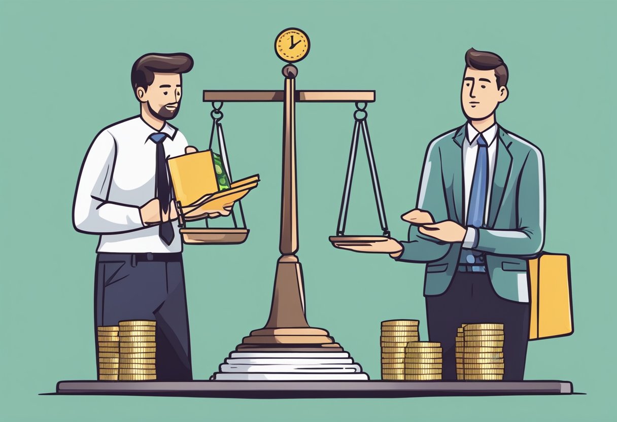 A person weighing the pros and cons of borrowing from a money lender or a bank