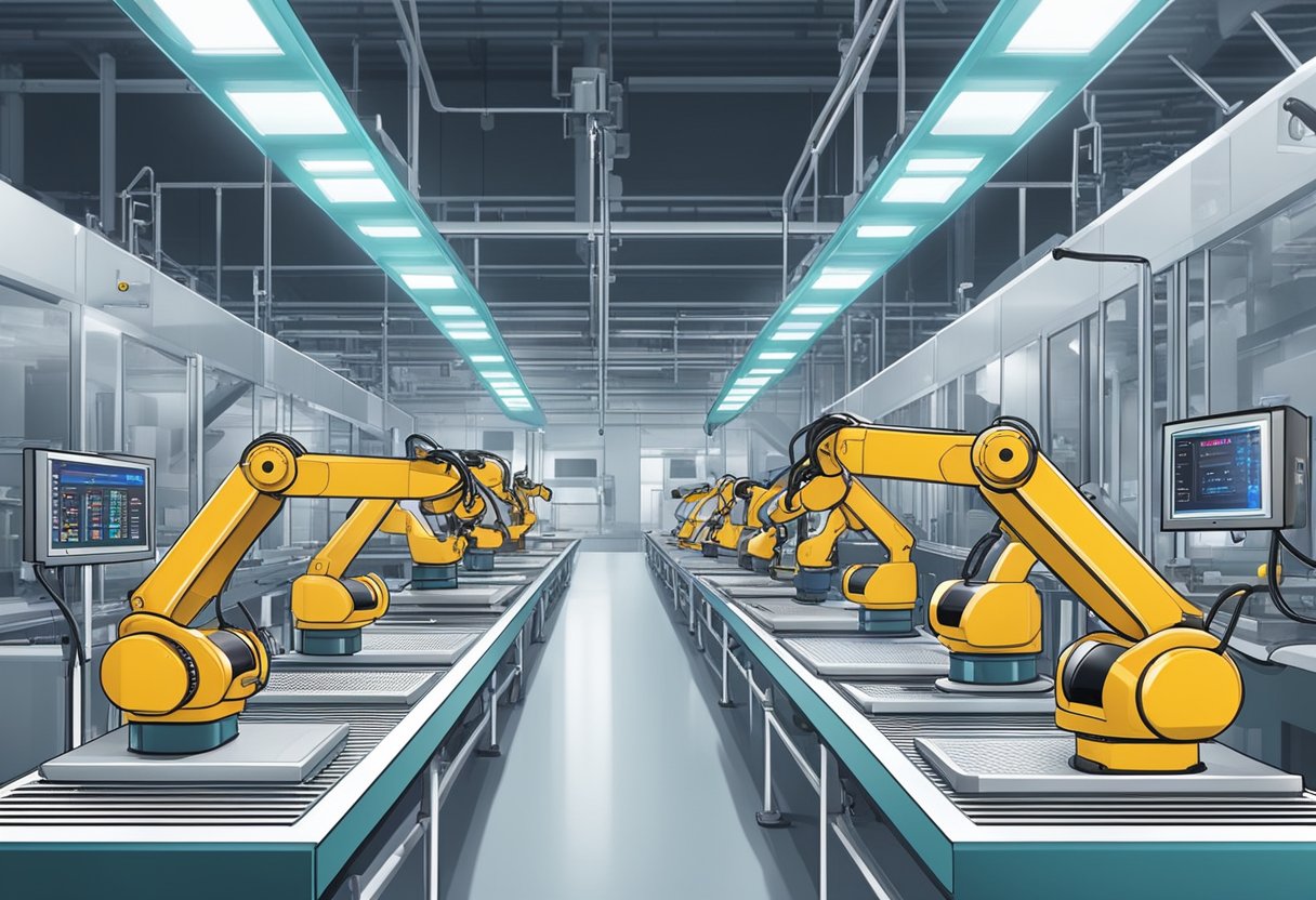 Heart rate monitors displayed on a production line in a modern manufacturing facility. Robotic arms assemble and test the devices with precision