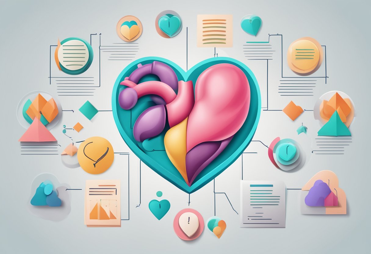 A heart-shaped diagram surrounded by question marks, representing frequent inquiries about pulmonary heart disease