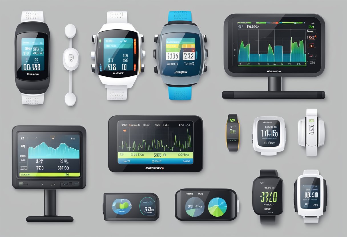 Heart rate monitors arranged on a display, with various models and features highlighted. Manufacturer logos visible