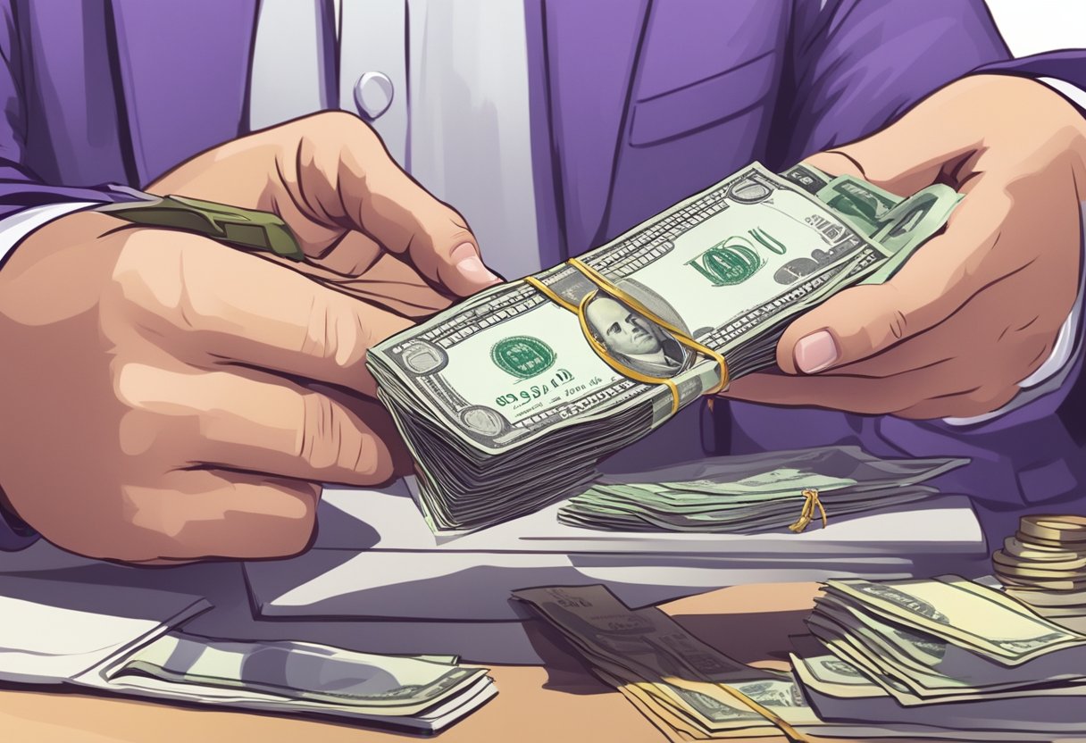 A customer hands over a valuable item to a licensed moneylender in exchange for cash at a lavender-colored office