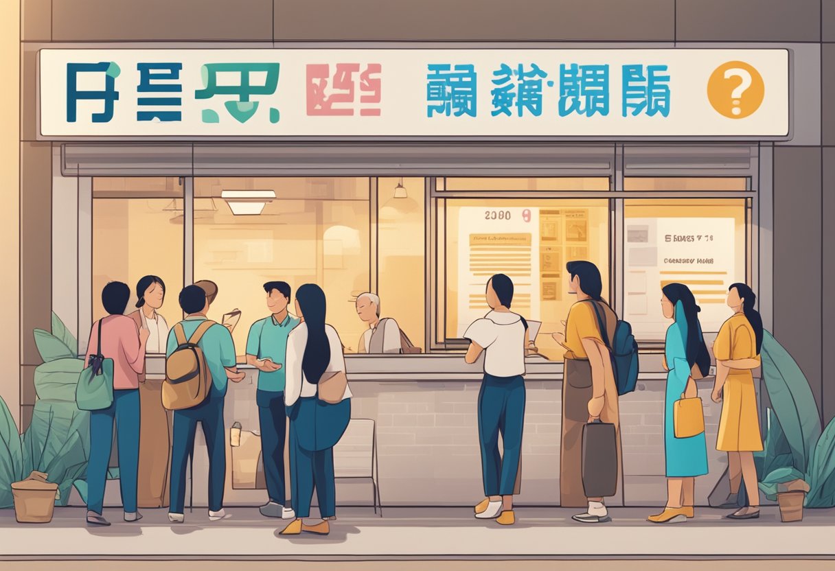 A signboard displaying "Frequently Asked Questions: Best Licensed Money Lender in Singapore" with a queue of people seeking financial assistance