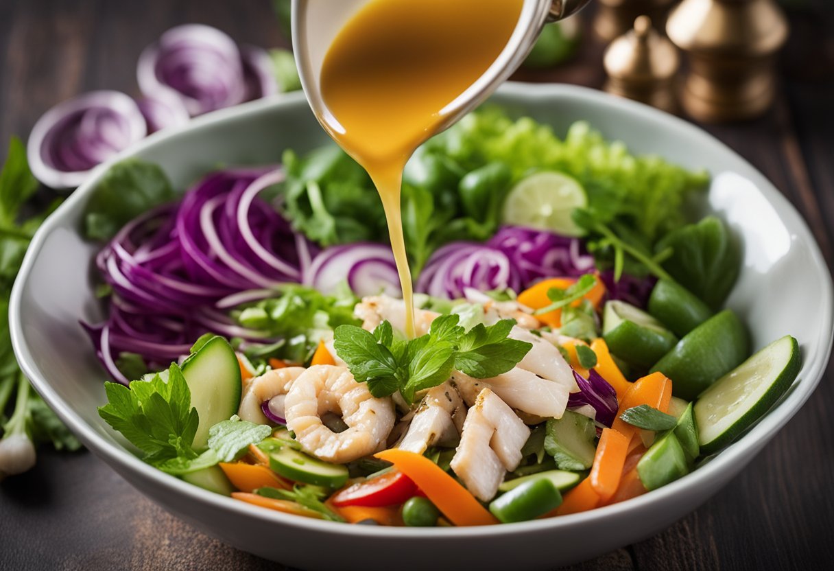 A bowl of Thai salad dressing being poured over a colorful mix of fresh vegetables and herbs, with a bottle of fish sauce set aside