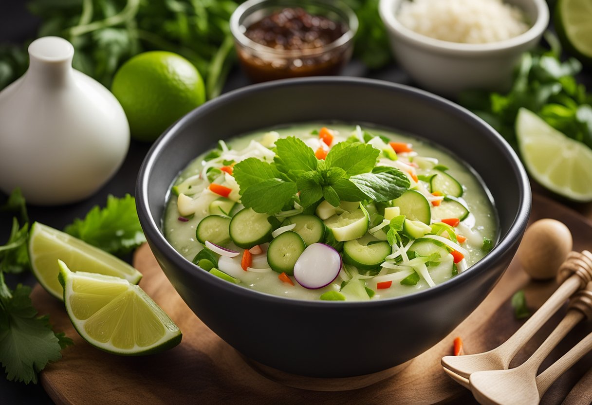 A bowl of Thai salad dressing being made without fish sauce, with ingredients like lime, chili, sugar, and garlic laid out on a kitchen counter