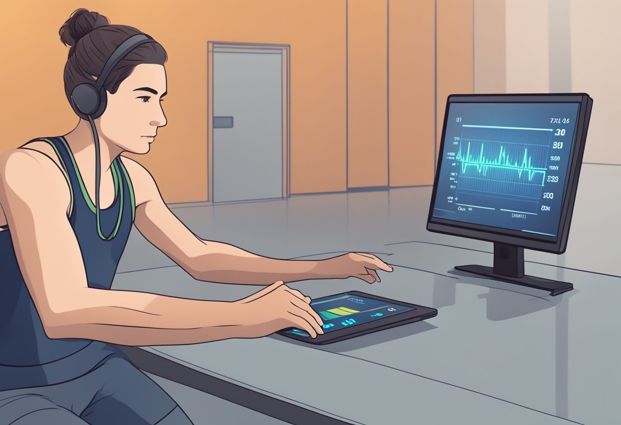 A digital heart rate monitor displays a steady pulse on a screen, while a person exercises in the background
