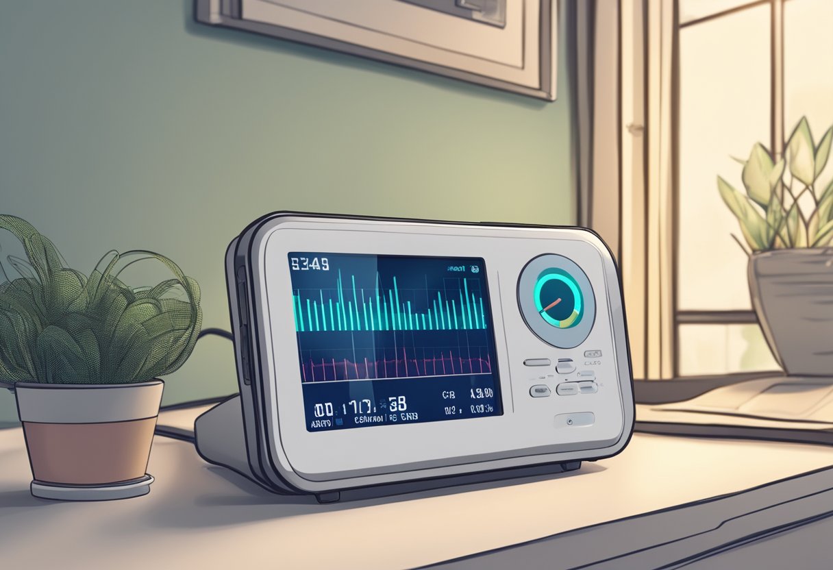 An adult heart rate monitor beeping steadily on a bedside table, with a digital display showing the current heart rate