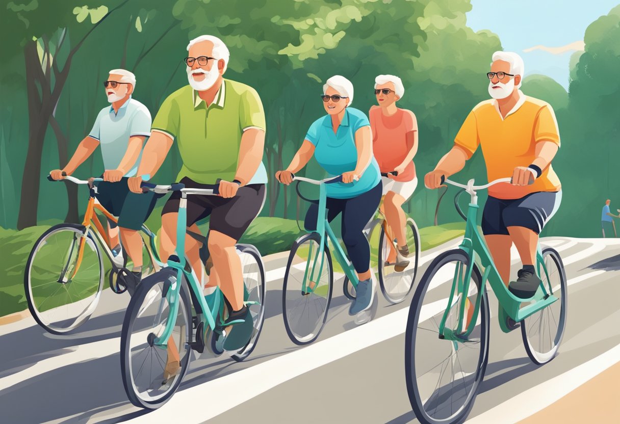 A group of adults engaging in moderate physical activity, such as brisk walking or cycling, with relaxed and focused expressions on their faces
