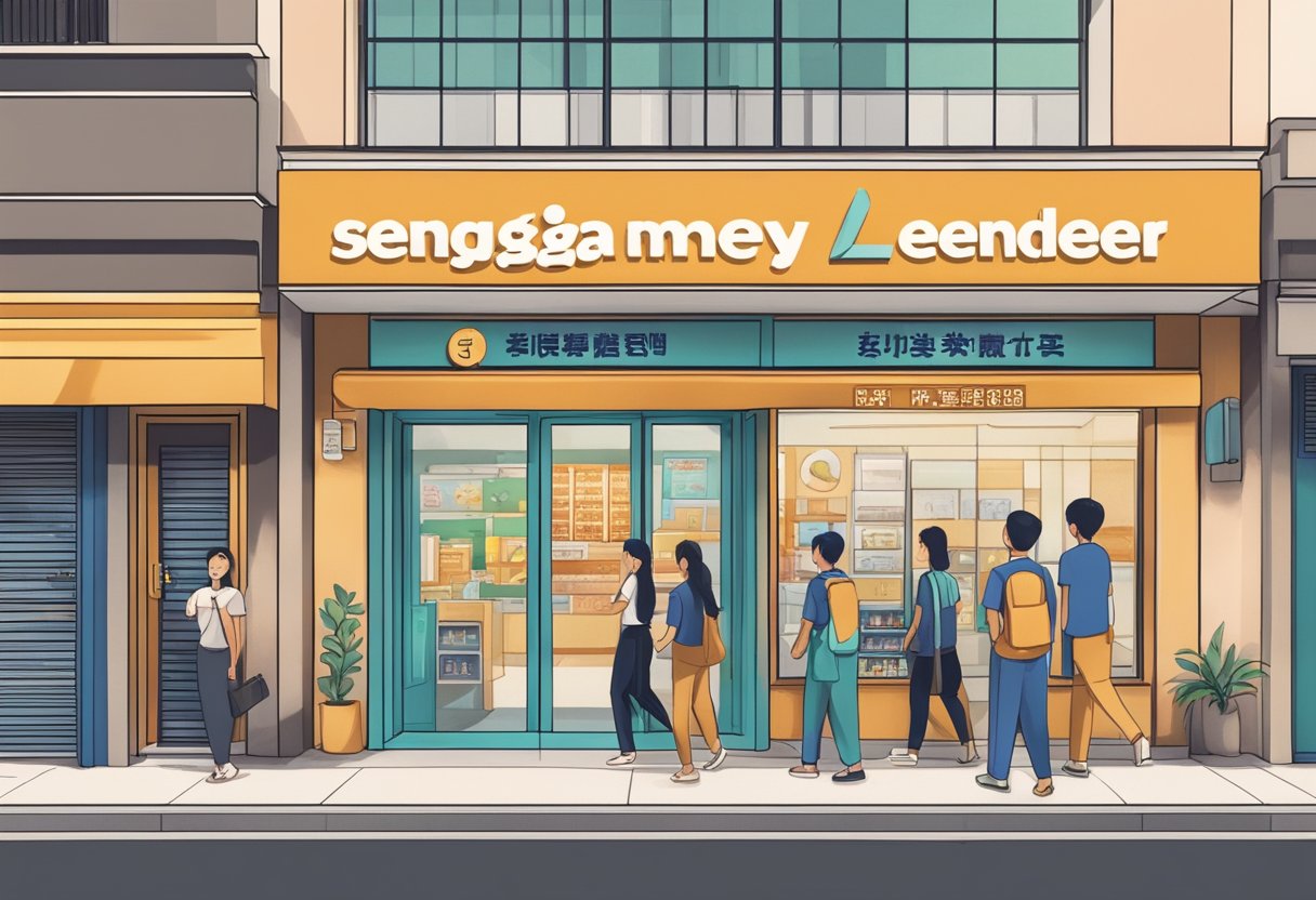 A storefront with a bold sign reading "Sengkang Money Lender" above the entrance, with people coming in and out