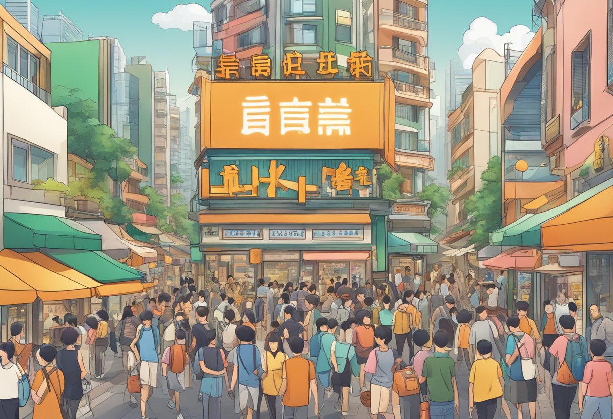 A crowded street with a prominent sign for "Lucky Plaza Licensed Money Lender" surrounded by bustling shops and people