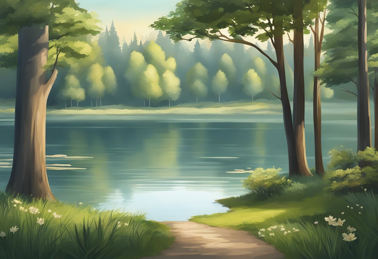 A calm lake surrounded by still trees and a tranquil atmosphere