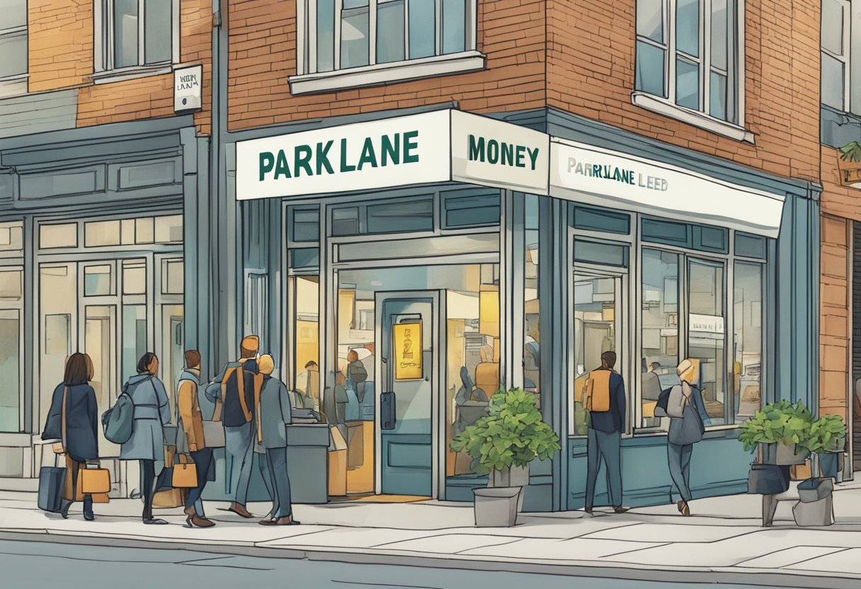 A busy street with a sign reading "Parklane Money Lender" above a small office with people entering and leaving