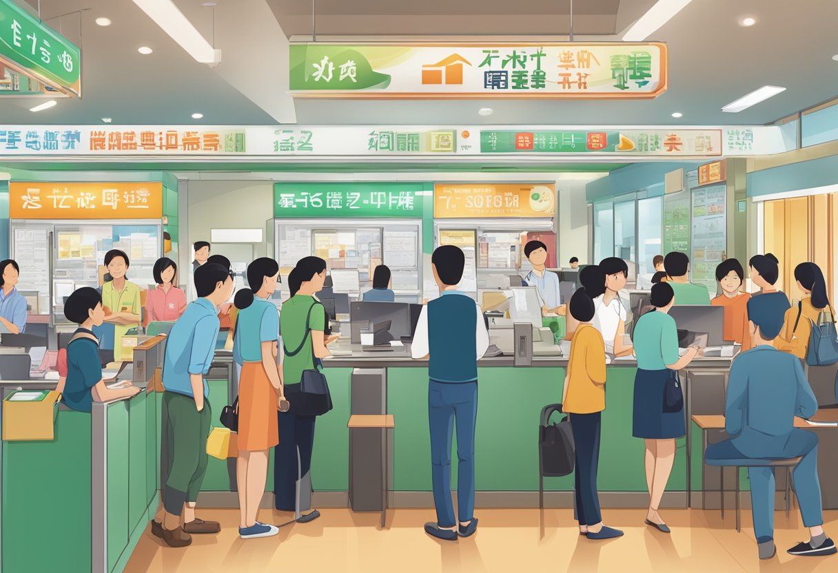 A crowded money lending office at Lucky Plaza, with customers queuing and staff processing loan applications. Bright signage advertises their licensed services