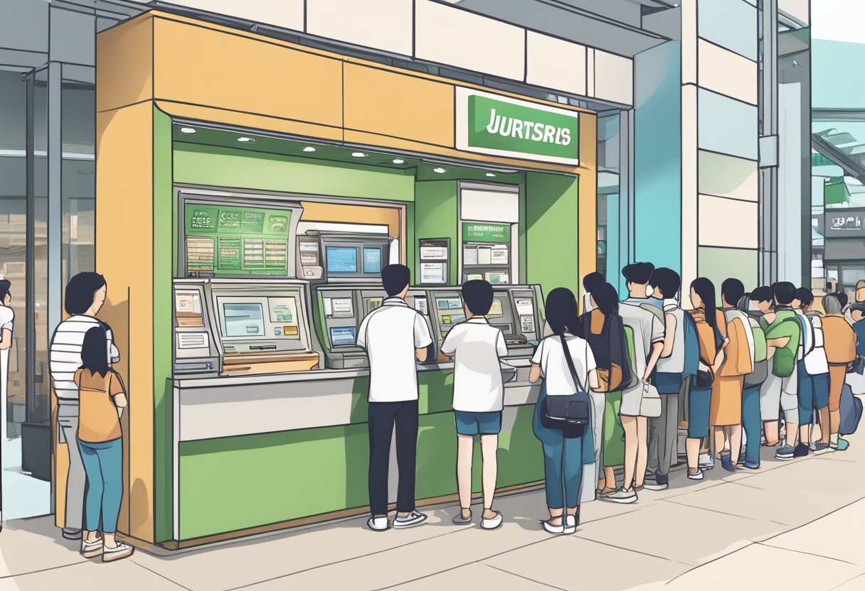 A bustling money lender kiosk at Jurong Point, with customers lining up and staff assisting with transactions