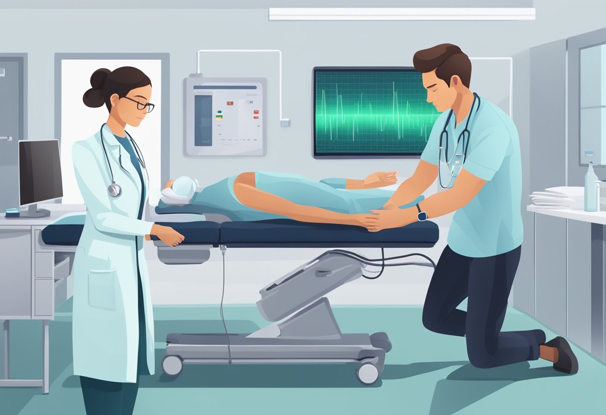A medical professional monitors a low resting heart rate on a digital display, while a patient lies still on an examination table