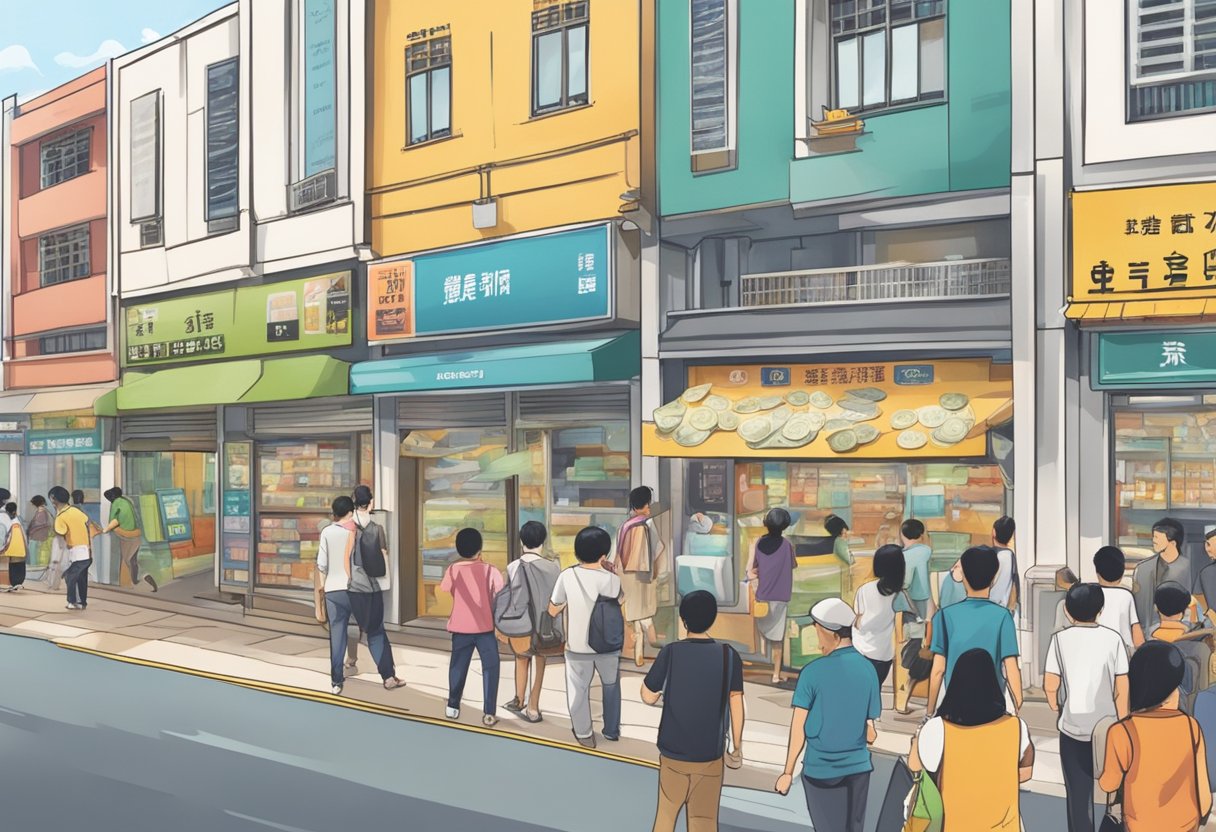 A bustling street in Sengkang, moneylenders' signs adorn the storefronts. People come and go, exchanging money for quick loans