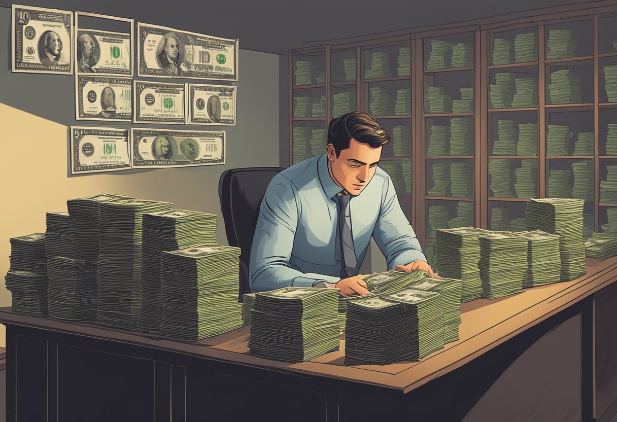 A moneylender sits behind a desk, counting stacks of cash. A sign on the wall displays interest rates and loan terms. The room is dimly lit, with a sense of urgency in the air