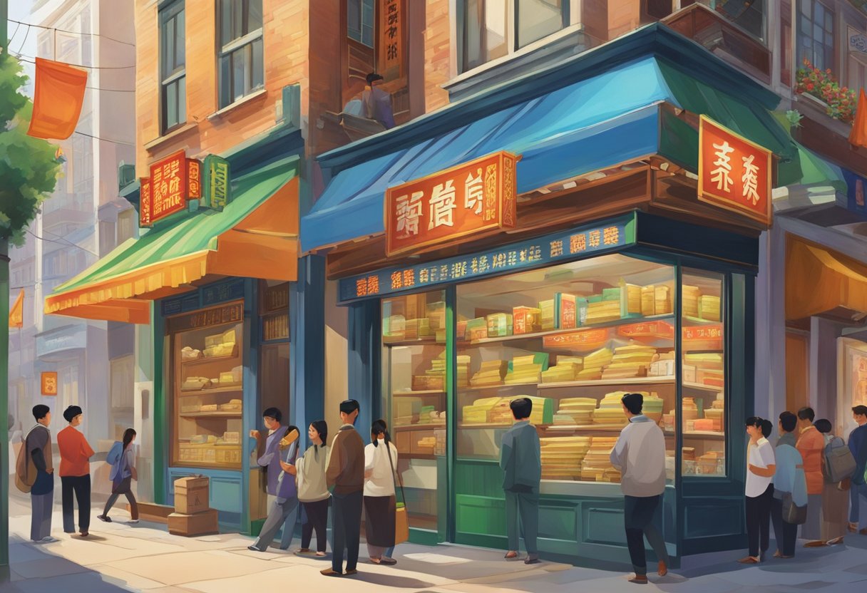 A licensed money lender's storefront in Chinatown bustles with customers and colorful signage. The traditional architecture and vibrant atmosphere capture the essence of the bustling neighborhood