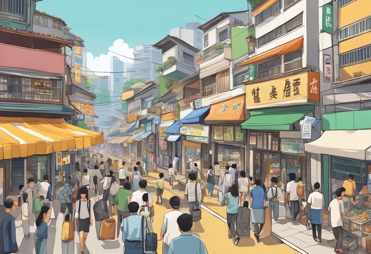 A bustling street in Simei, with a prominent sign for a licensed money lender, surrounded by various shops and people going about their day