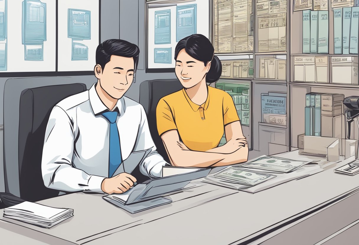 A money lender sits behind a desk at Jurong Point, explaining loan terms to a customer. Signs advertise interest rates and loan options