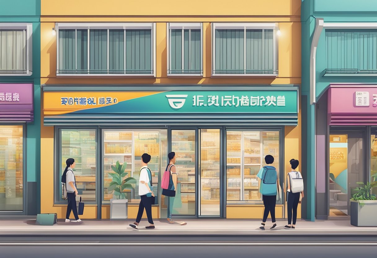 A licensed money lender's storefront in Hougang, with a prominent sign and people entering and exiting